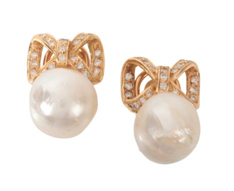 A PAIR OF PEARL AND DIAMOND BOW EARRINGSin 18ct gold, each set with a cultured pearl of c.12.0mm below a bow motif set with r