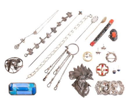 A COLLECTION OF COSTUME JEWELLERYincluding a hat pin with blue paste cabochon stone, together with a French cubist blue ename