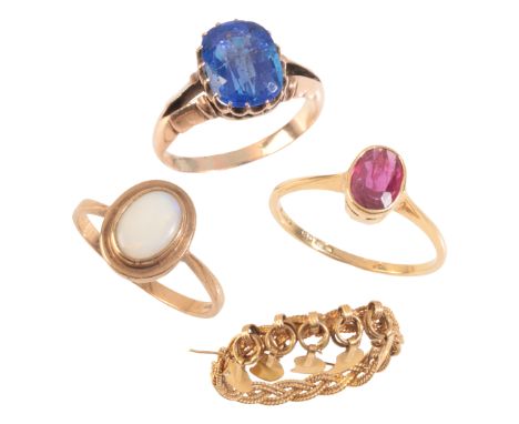 A COLLECTION OF RINGSincluding an opal ring in 9ct gold, a woven ring in 14ct gold with five charms, a glass filled ruby soli