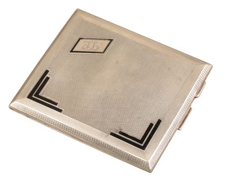 A GEORGE V SILVER CIGARETTE CASE OF ART DECO STYLEby Trevitt & Sons, Birmingham 1932, the engine turned body with black ename