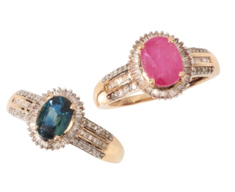 A PAIR OF MATCHING GEM-SET RINGS RINGS including a sapphire and diamond ring in 9ct gold, set with an oval cut sapphire in a 