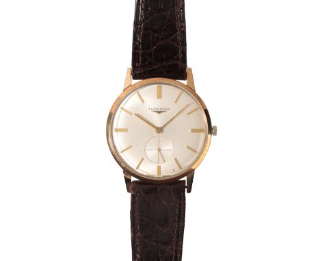 LONGINES: A GENTLEMAN'S GOLD-PLATED WRISTWATCH with manual wind movement, the silver dial with gold baton numerals, gold hand