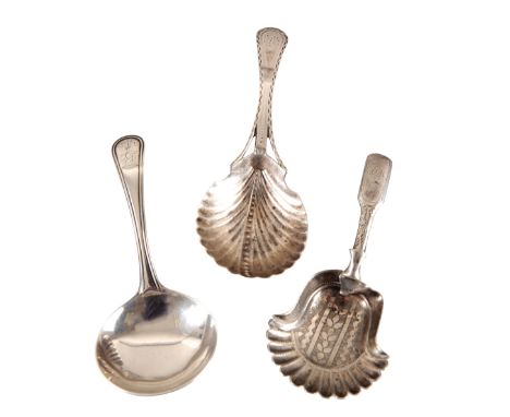 THREE GEORGE III SILVER CADDY SPOONScomprising one example by William Bateman, London 1804, with beaded bowl, bright cut and 
