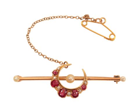 AN ANTIQUE VICTORIAN RUBY AND DIAMOND CRESCENT BROOCHin 15ct gold, set with five cushion-cut rubies, accented by old-cut diam