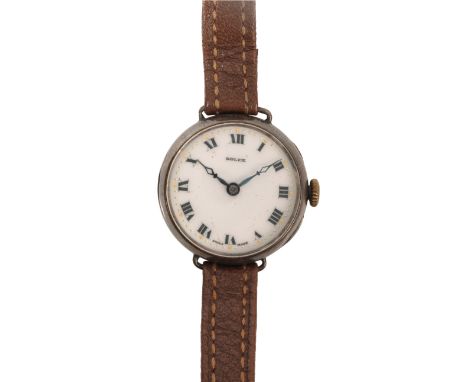 ROLEX: A SILVER CASE TRENCH WATCHwith manual wind movement, the white enamel dial with black Roman numerals and dark blue ste