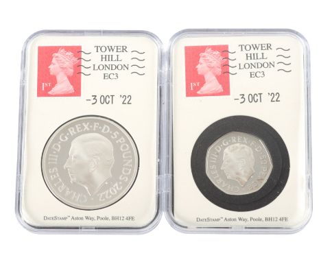 THE FIRST PORTRAIT OF KING CHARLES III 2022: CORONATION DATESTAMP SILVER £5 AND 50P PAIR(c.28.28g) and (c.8g), in the origina