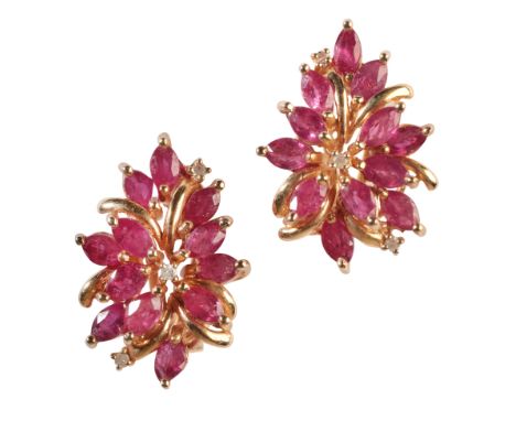 A PAIR OF RUBY AND DIAMOND EARRINGSin 14ct gold, in a floral design, set throughout with marquise-cut rubies totalling c.3.50