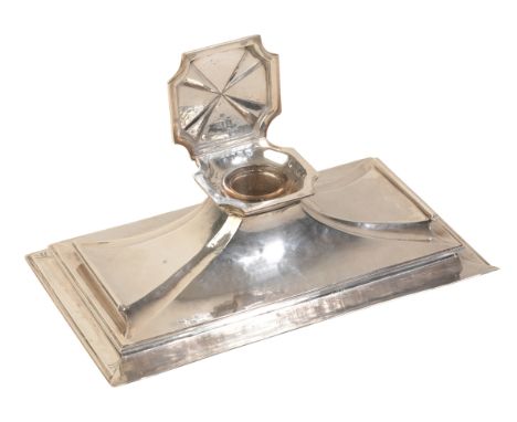 OMAR RAMSDEN (1873–1939): A SILVER INKWELL London, 1936, of Art Deco design, with lifting top and scrolled sides, 8cm high x 