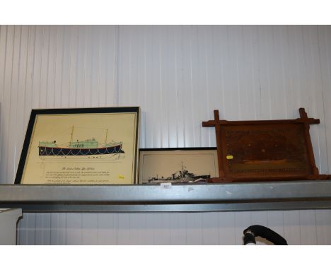 A marquetry panel with inlaid decoration of a boat contained in Oxford frame, K M Sibley study of HMS Vegar and a print '37ft