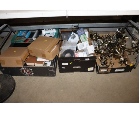 Four boxes containing ceiling light fittings, phone cases, wireless keyboards, 3D drawing pen, cameras etc.