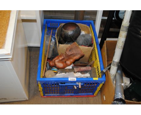 A box containing various miscellaneous items to include a carved wooden figure of a man thinking, various pottery tools etc.