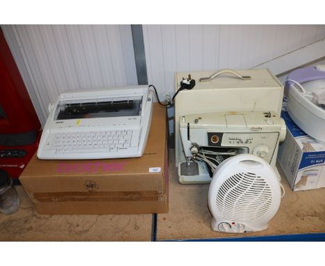 A Singer 438 sewing machine and case, a Brother typewriter and a fan heater