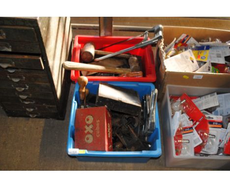 Two boxes containing various tools to include wooden mallet, hammer, screwdrivers, staple gun, drill bits, measures and gauge