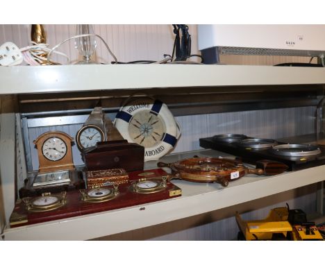 A sarcophagus shaped tea caddy AF; two mantel clocks; barometers etc.