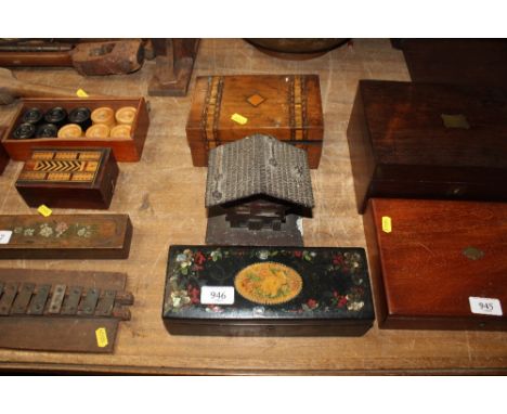 A black lacquered and mother of pearl inlaid box AF, a trinket box in the form of a house and an inlaid box and contents AF