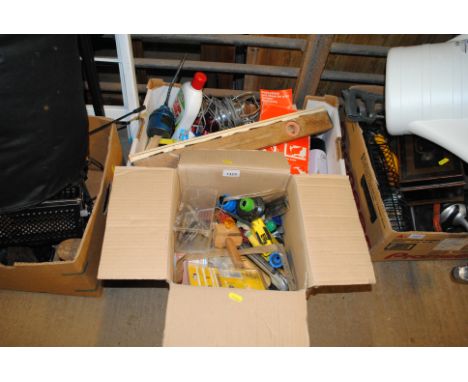 Two boxes containing various tools to include wall plugs, drill bits, allen keys, tubular door latches, paint rollers, spirit