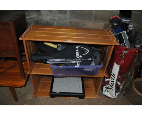 A three tier pine storage rack and a plastic step