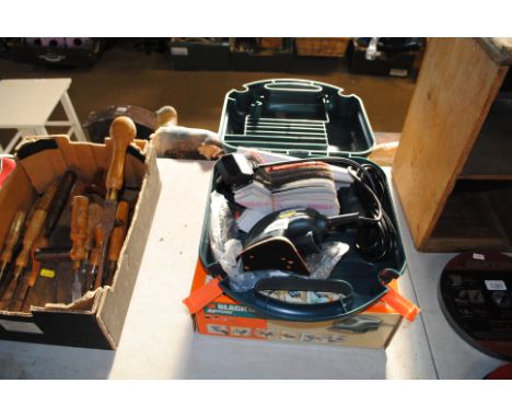 A Black &amp; Decker KA15OK 240V mouse sander with various attachment's and sanding strips in fitted plastic case (unused)