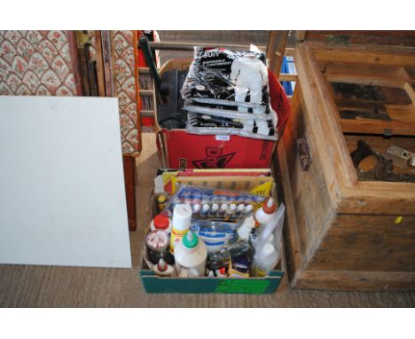 A box containing various decorating equipment to include paint trays, brushes, roller, dust sheets, cover suits and a further