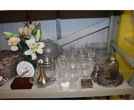 A quantity of various table glass ware; a sundial; a silver plated tray etc.