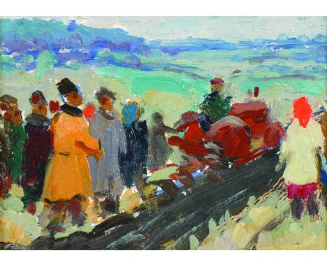 20th Century Russian School. 'The New Tractor', with Figures in a Field, Inscribed on the reverse, 5.25" x 7.25".