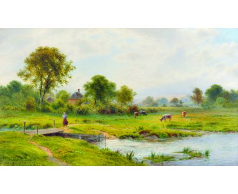 Roberto Angelo Kittermaster Marshall (1849-1926) British. A River Landscape with Cattle, and a Girl on a Bridge, Watercolour,