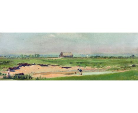George Leslie (19th - 20th Century) British. Children Playing in the River, Mixed Media, Inscribed on a label on the reverse,