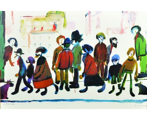 Lawrence Stephen Lowry (1887-1976) British. Figures in a Street Scene, Lithograph with Guild Stamp, Signed in Pencil, 13.25" 