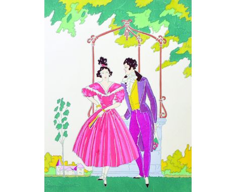 Lucien Baubaut (20th Century) French. A Couple Standing by a Well, Lithograph, Signed in Pencil, overall 12.25" x 9.75", and 