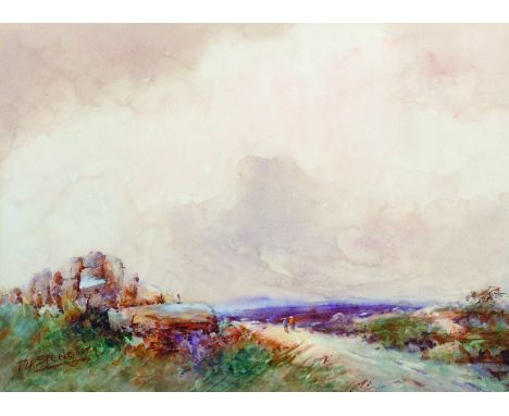 T... K... Steele (19th - 20th Century) British. A Windswept Moorland Landscape, with Figures on a Path, Watercolour, Signed, 