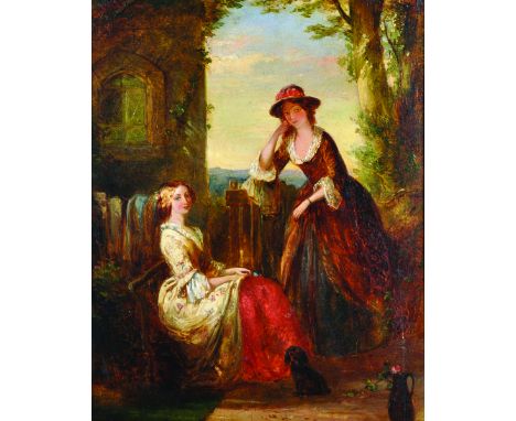19th Century English School. Two Ladies by a Garden Gate, Oil on Panel, 15" x 12". Provenance; Matilda Cooper.