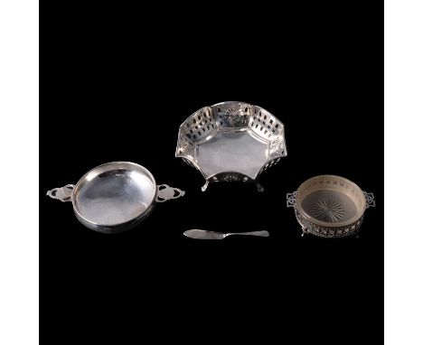 A silver pedestal quaich, Albert Edward Jones, Birmingham 1928, engraved, diameter 19cm; a silver bonbon dish, Cooper Brother