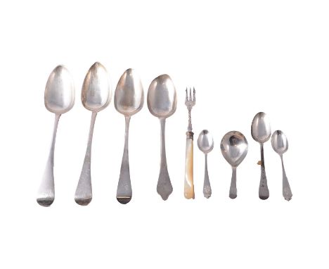 George II silver dog nose spoon, marks rubbed, 20cm; three pairs of early 19th century silver tablespoons, various makers; a 