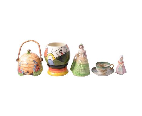 Lorna Bailey Art Deco style vase, Bridge and Stream pattern, 17.5cm; collection of vintage Cottage ware pottery, including a 