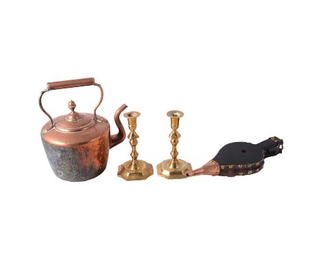 Pair of Georgian brass candlesticks, copper kettle, brass mounted gun carriage, other metalware.Qty: 1 box