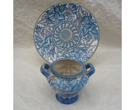 A large 1930s Crown Ducal wall plaque and twin handled vase, each designed by Charlotte Rhead in the 4016 Blue Peony pattern,