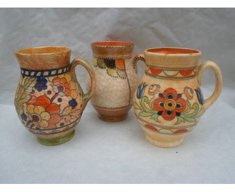 Three 1930s Crown Ducal vases, designed by Charlotte Rhead in the 2681 Byzantine, 6189 Mexican and 4088 Patch patterns, each 