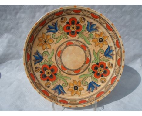 A 1930s Crown Ducal wall plaque, designed by Charlotte Rhead in the 6189 Mexican pattern, having a tube-lined decoration of s