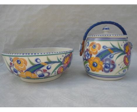 A large Poole Pottery bowl (21cm diameter), together with a biscuit barrel and cover in the same pattern, mid 20th century   