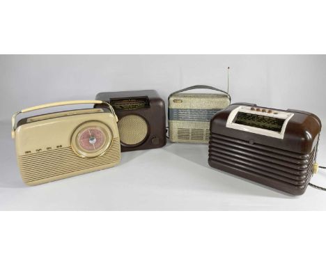 FOUR VINTAGE RADIOS, comprising Bush brown bakelite DAC90A and DAC10 radios, Bush Cream portable radio and Perdio portable ra