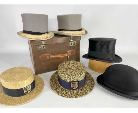 ASSORTED VINTAGE GENT'S HATS, comprising pair grey felt top hats by Woodrow (Piccadilly, London), one with retailer's label f