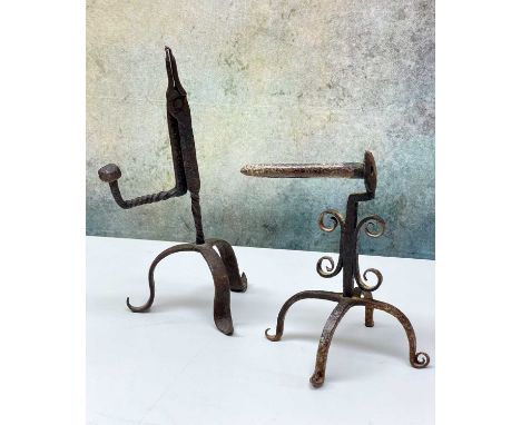 ANTIQUE WROUGHT IRON RUSH NIP HOLDER &amp; GOFFERING IRON, probably 18th Century, the holder with twised arm and column on tr