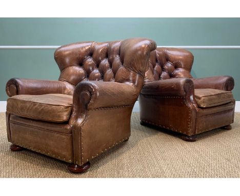 PAIR RALPH LAUREN LEATHER 'WRITER'S' EASY ARMCHAIRS, button upholstered, 94cm high (2)
Comments: one with Ralph Lauren label,