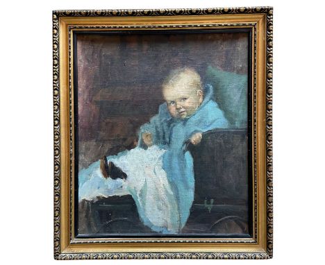 BRITISH SCHOOL oil on board portrait of a seated baby in pram, unsigned, 55 x 47cms, framed
Provenance: with Sotheby's Cheste