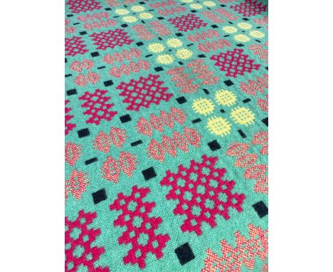 TRADITIONAL WELSH WOOLEN TAPESTRY BLANKET, woven in green, claret, yellow and black, appr. 212 x 178cm