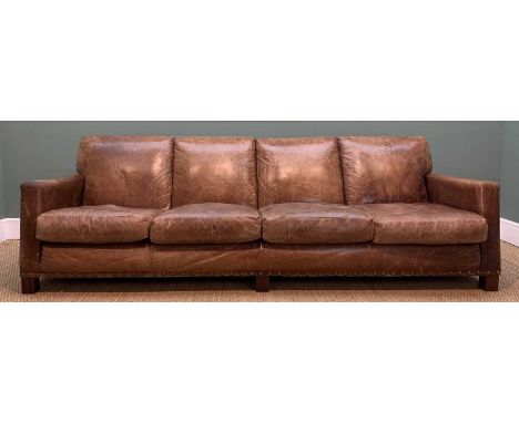 RALPH LAUREN BROWN LEATHER FOUR SEATER SOFA, with nailhead trim detail, 242cm w
Comments: lining ripped, leather worn, scratc