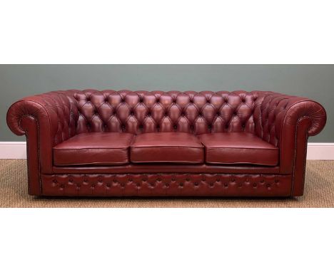 VICTORIAN STYLE MAROON LEATHER CHESTERFILED SOFA, button upholstered back, three loose cushions, close nailed front, 70h x 19