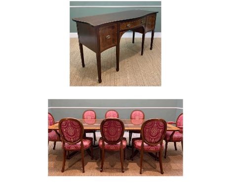 REGENCY STYLE MAHOGANY DINING TABLE, 8 CHAIRS &amp; SIDEBOARD, the twin pedestal table with broad satinwood and tulipwood cro