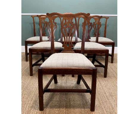 SET SIX PROVINCIAL GEORGIAN MAHOGANY DINING CHAIRS, with pierced vase splats, drop-in seats on chamfered and caddy-moulded sq