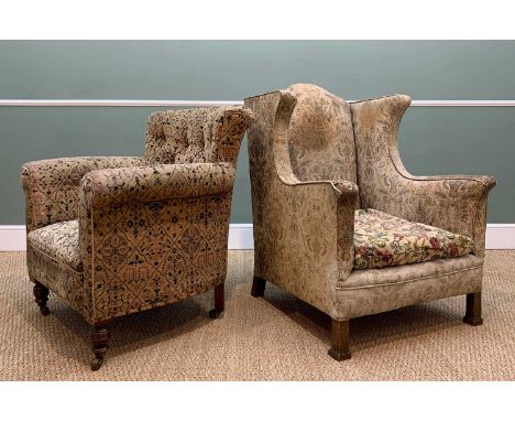 TWO EASY ARMCHAIRS, one wingback, the other button upholsterd (2)
Comment: both badly worn, in need of reupholstry